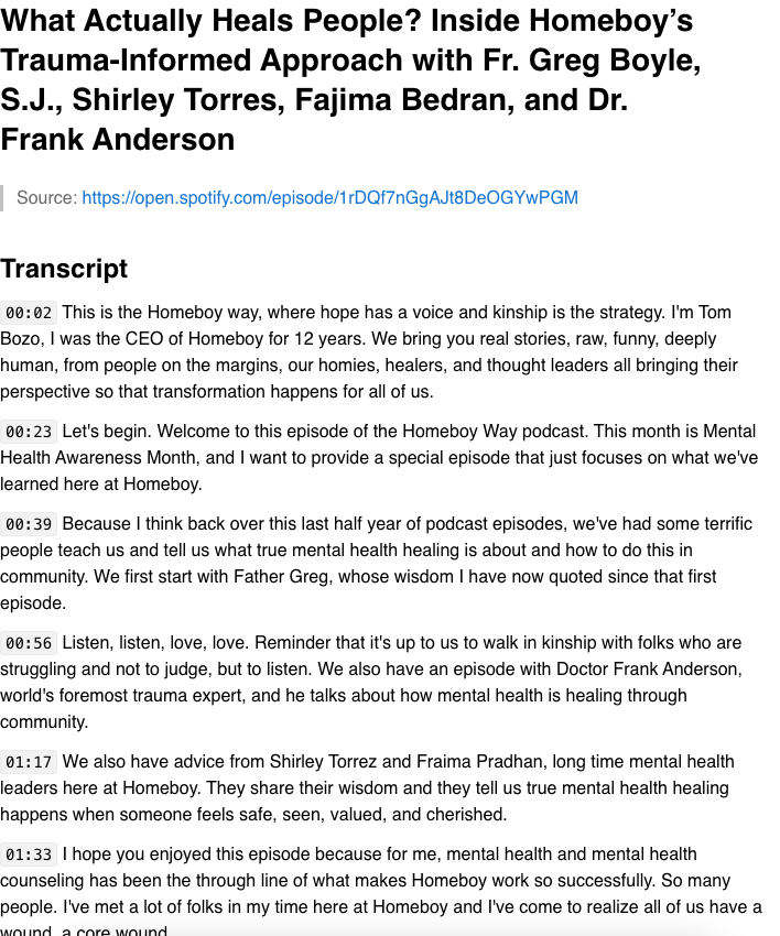 A Spotify podcast episode saved by Save2Plaud, rendered in Plaud: title, Source link and a timestamped transcript